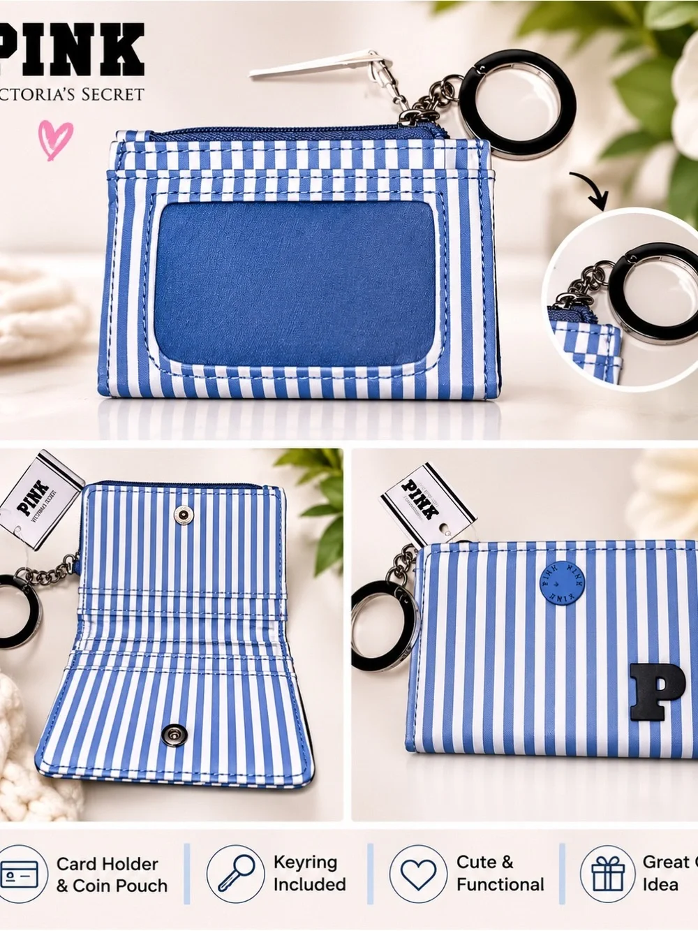 PINK Victoria's Secret Blue and White Striped Card Holder Keyring